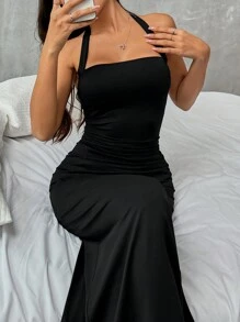 SHEIN EZwear Long Black Knit Halter Dress For Women - Black - View 1