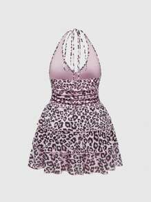 ROMWE J-Fashion Plus Size Halter Backless Leopard Print Layered Mini Dress