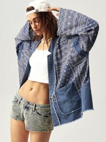 Bohemela Chaqueta suelta y casual de hombros caídos con tema vacacional para mujeres