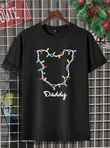 Manfinity 1 pieza Camiseta de cuello redondo de manga corta casual de Navidad con estampado de luces coloridas, adecuada para fiesta familiar de Navidad para hombres