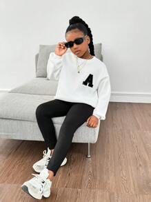 SHEIN Conjunto informal de 2 piezas de niña preadolescente con sudadera de cuello redondo holgada con parche de letras y manguitas caídas, talla grande mallas, conjunto de vuelta al colegio
