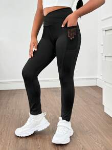 SHEIN Tween Girls Minimalist Comfy Casual Sports Waist Phone Pocket Tight Leggings - Black - View 4