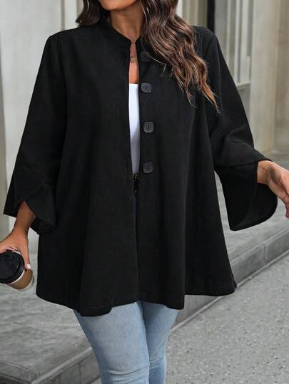 Abrigo midi de mujer talla grande de lana negra con cuello alto, manga 3/4 y decorado con botones, adecuado para otoño, invierno, Navidad y fiestas de Halloween