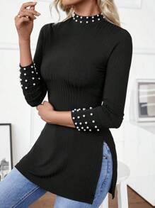 SHEIN LUNE Damen Herbst/Winter schmal geschnittenes Langarm Rollkragen T-Shirt mit Perlen Verzierung - Schwarz - Übersicht 5
