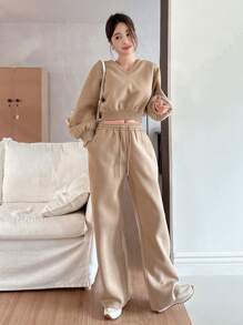 DAZY 2pcs Women's Loose Solid Color Cropped Sweatshirt And Pants Set,Fall Clothes,Thermal Lined Lounge Sets For Women - Apricot - View 4