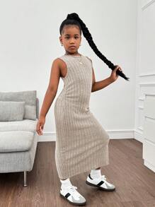 SHEIN Tween Girl Ribbed Knit Long Cardigan Paired With Long Split Dress Apricot Set