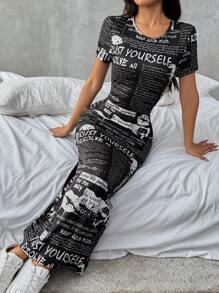 SHEIN EZwear Newspaper Print Dress - Black - View 6