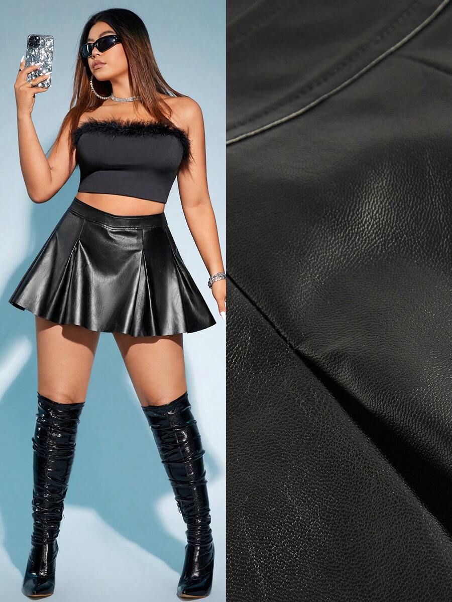 SHEIN ICON تنورة لامع لامع مقاس كبير - الأسود - مشاهدة 1