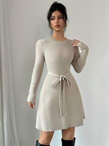 Chiquease 纯色合身 A 字型中长毛衣连衣裙 - 駝色 - 查看 4