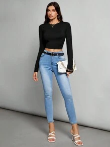 SHEIN Tall 3 件套休闲简约圆领长袖紧身短款女式 T 恤 - 黑與白 - 查看 6