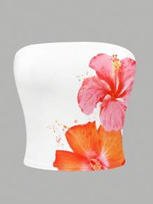 INAWLY Y2K Hibiscus Flowers Graphic Tube Top - White - View 3