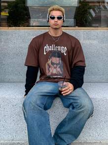 DAZY 男士圆领字母图案时尚二合一T恤，秋季长袖男士衬衫 - 棕色 - 查看 8