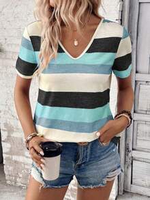 SHEIN LUNE 休闲拼色条纹短袖T恤 - 彩色 - 查看 4