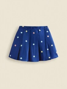 SHEIN Tween Girls' Cute Colorful Star Embroidered Pleated Skirt, Preppy & Navy Style, Suitable For Spring, Summer, Autumn, Winter - Blue - View 2