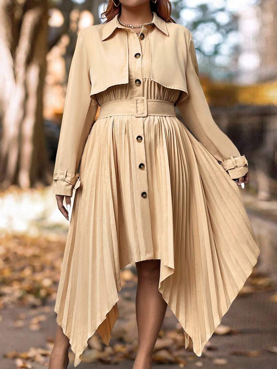 Celure Plus Size Casual Lace-Up Waist Asymmetrical Hem Long Trench Coat Fall Cloth For Women