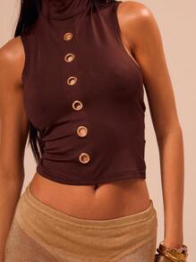 MUSERA 高领金色细节圆环露脐上衣，度假春夏优雅性感假日风情 - 咖啡棕 - 查看 5