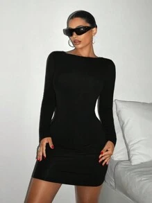 SHEIN ICON Women's Spring-Summer Long Sleeve Bodycon Dress With Chinese Dragon Net Mesh Panel - Black - View 5