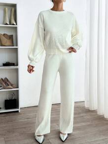 RueChic Woman Top And Bottom Rhinestones Detailed Cozy Soft Long Length Sweater Co-Ords