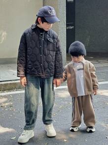 SHEIN Little Byeori 两件套男童休闲韩版舒适实用柔软抓绒拉链连帽衫和裤子套装，适合日常穿着、上学、外出、运动、秋冬季节。