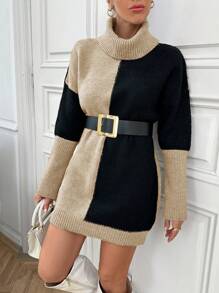 EURMUSE Woman Turtleneck Knit Loose Fit Comfy Warm Sweater Colorblock Details Soft Yarn - Camel - View 6