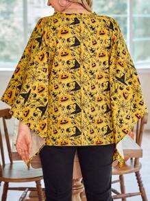 Halloween Plus Size Women Pumpkin Print Round Neck Batwing Loose Casual Blouse, Spring Summer Fall Cloth For Women