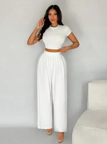 SHEIN SXY Women's Summer Casual Solid Color Slim Fit Cropped T-Shirt And Wide-Leg Pants Set - White - View 3