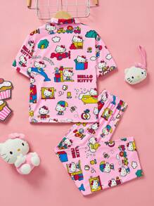 HELLO KITTY AND FRIENDS | SHEIN 少女卡通印花翻领短袖衬衫和长裤舒适睡衣套装 - 粉色 - 查看 4