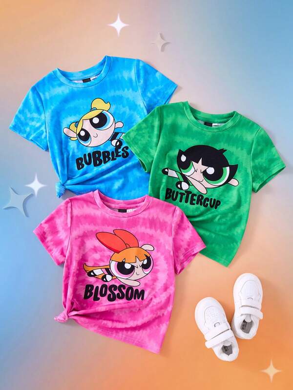 THE POWERPUFF GIRLS X SHEIN Camiseta holgada con estampado de corazón y personaje de dibujos animados en efecto tie-dye para niña joven