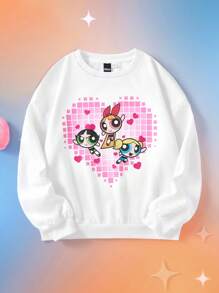 THE POWERPUFF GIRLS X SHEIN Sudadera oversized con estampado a cuadros blanco y rosa degradado y gráfico de dibujos animados para niña preadolescente - Blanco - Ver 1