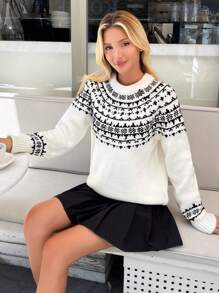 EURMUSE Knitwear Sweater With Fairisle Pattern And Embellishment - Black and White - View 2