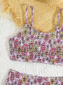 少女碎花随机颜色短裤比基尼套装、夏季沙滩装、泳衣 - 彩色 - 查看 4