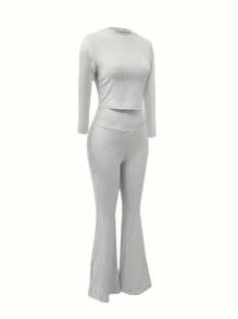 INAWLY Solva 2 件套女士纯色圆领长袖衬衫和喇叭裤休闲装 - 灰色 - 查看 2