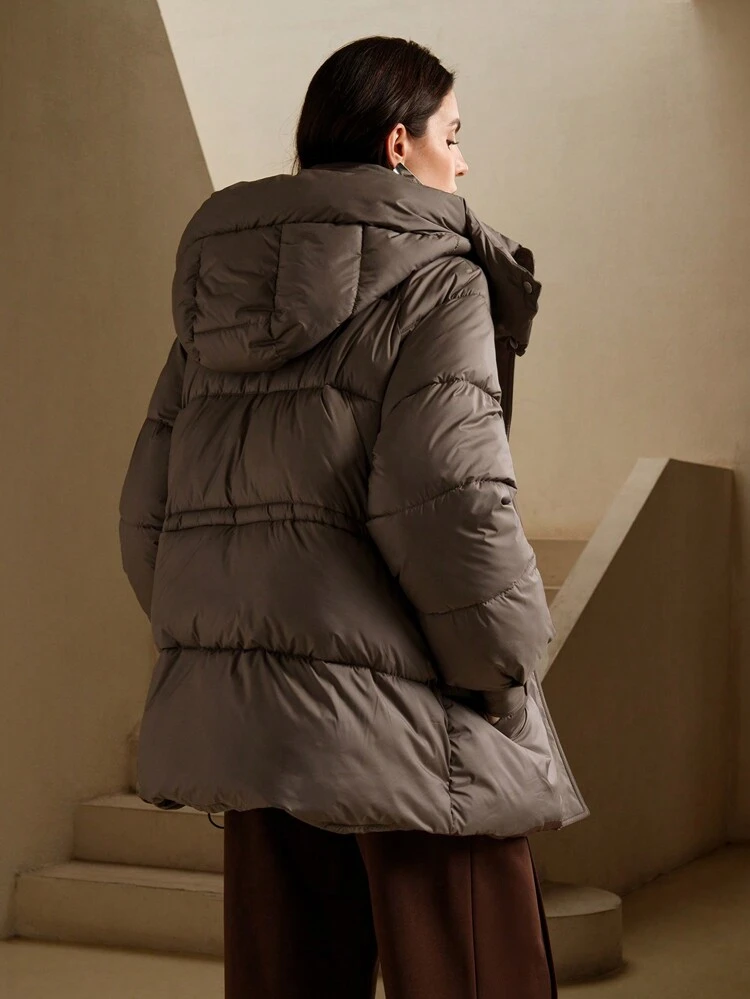 Women Hooded Mid-Long Waist Hooded Thick Jacket, Khaki Color