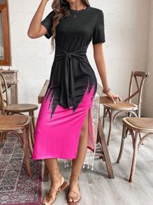 SHEIN LUNE Vestido de mujer con cuello redondo y detalles a dos tonos con cinturón, manga corta y abertura alta. Elegante y gracioso - Rosa Fucsia - Ver 5