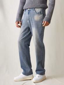 Manfinity Hypemode Vintage Y2K Washed Blue Distressed Men Straight Leg Jeans With Faded Effect - Light Wash - View 4