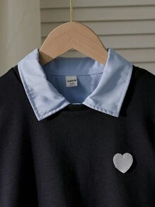 2pcs/Set Tween Girls' Collared Long Sleeve Pleated Dress & Sleeveless Heart Print Vest - Blue - View 6