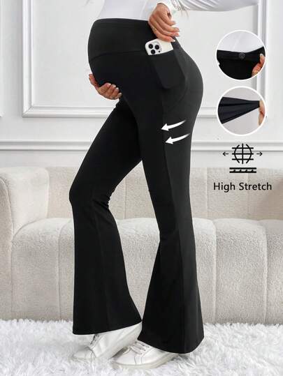 SHEIN Maternity Solid Color High Waist Fitted Flare Leggings For Women