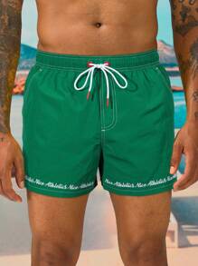 Surfspeed Men's Letter Printed Drawstring Waist Casual Beach Shorts - Green - View 5