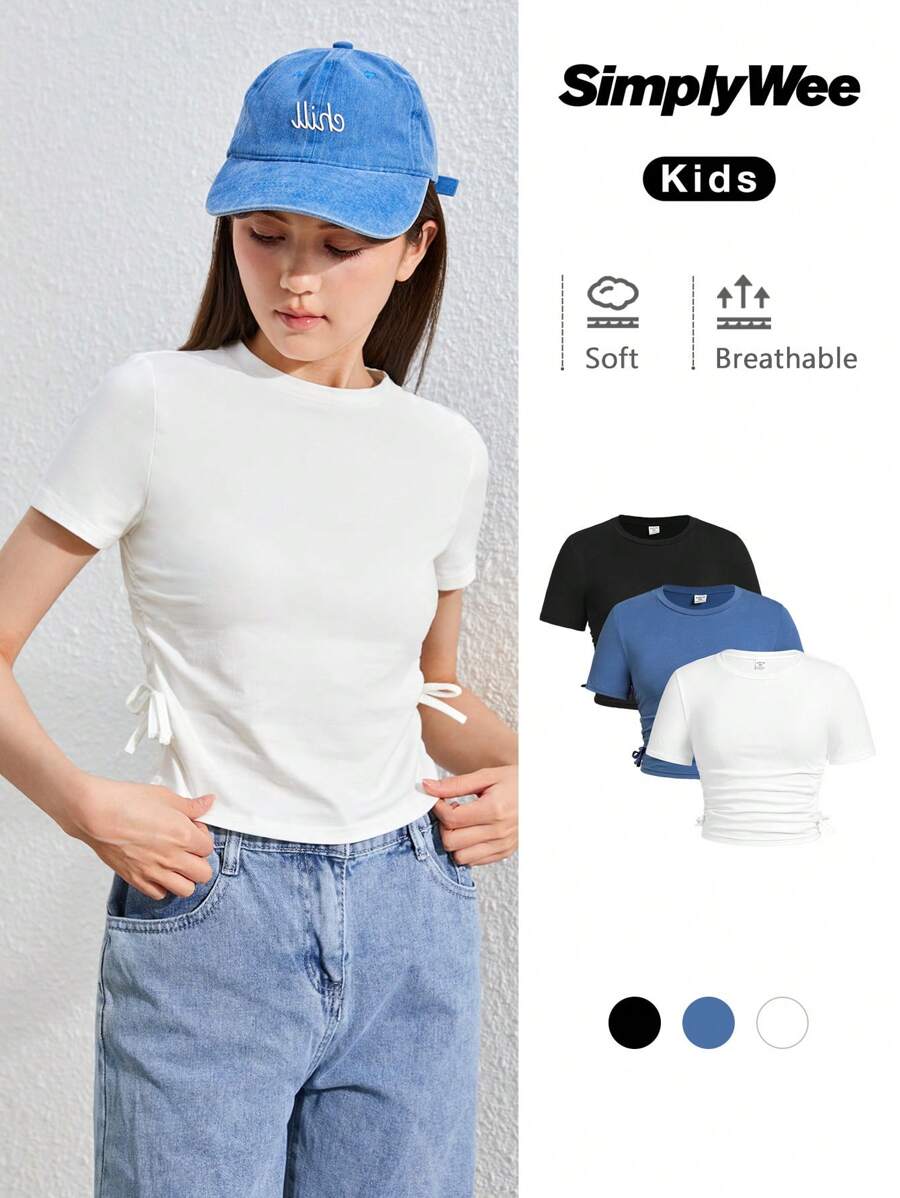 SHEIN Leap Crew 3入組少女短袖針織純色t恤,褶皺蝴蝶結細節 - 彩色 - 查看 1
