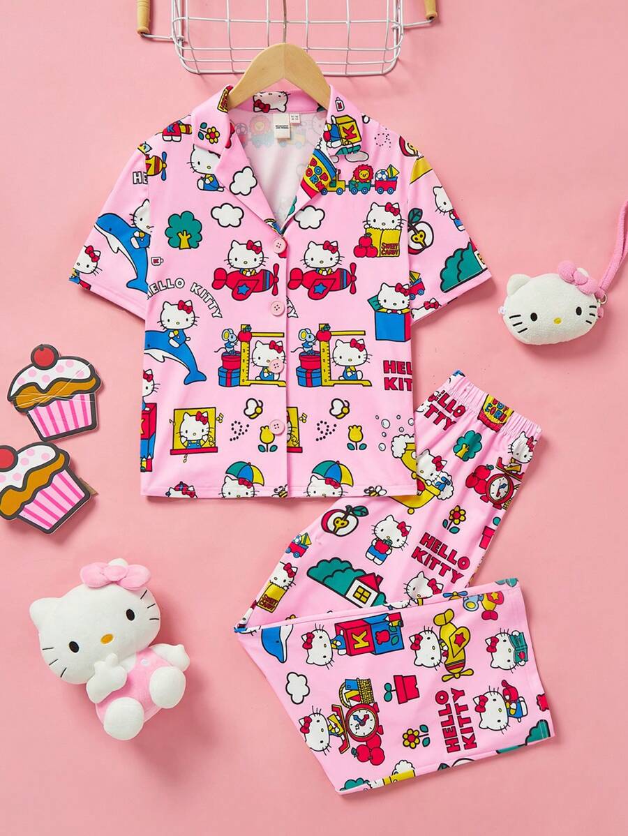 HELLO KITTY AND FRIENDS | SHEIN 少女卡通印花翻领短袖衬衫和长裤舒适睡衣套装 - 粉色 - 查看 1