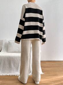 EURMUSE Striped Pattern Drop Shoulder Sweater & Knit Pants - Black and White - View 2