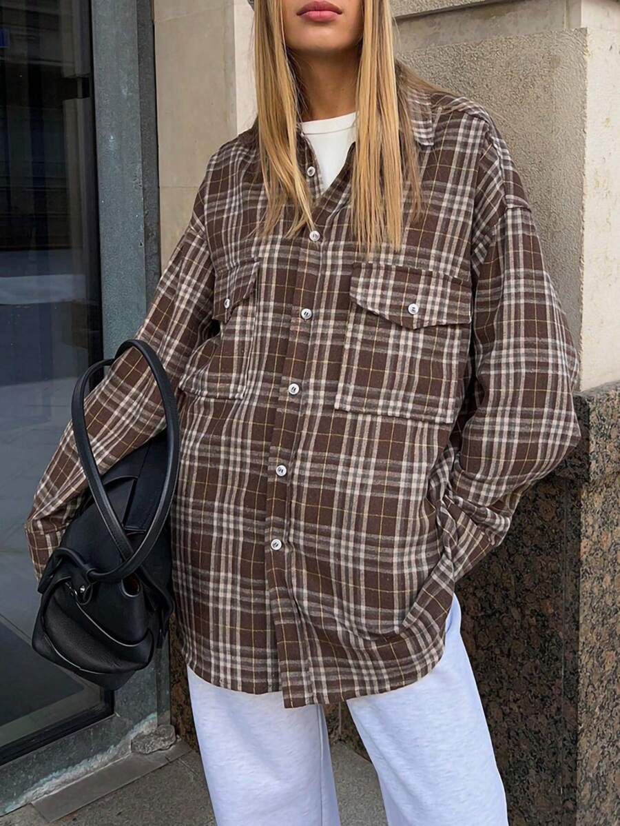 INAWLY 女式休闲格子宽松落肩衬衫，春秋装 - 彩色 - 查看 1