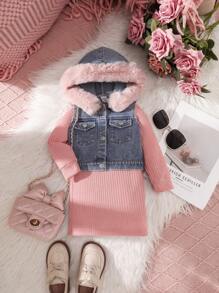 SHEIN Baby Girls' Plush Hooded Jacket & Ribbed Long Sleeve Casual Dress 2pcs Outfit, Autumn/Winter