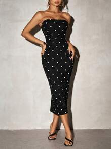 SHEIN SXY Prom Dress;Polka Dot Print Form-Fitting Sexy Mid-Calf Dress,Polka Dot Dress - Black - View 1