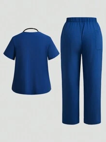 TaskEZ 大码女式纯色V领短袖上衣（带口袋和裤子）护理服、大码制服和手术服 - 藍色 - 查看 2