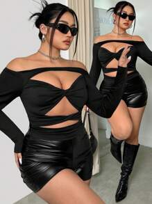 SHEIN ICON Plus Size Off Vai Knot & Chi tiết khoét rỗng Áo lò xo màu đen - màu đen - Xem 7