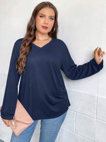 SHEIN Clasi 大码 V 领长袖纽扣休闲 T 恤