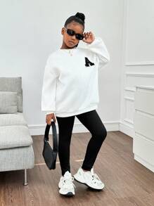 SHEIN Conjunto informal de 2 piezas de niña preadolescente con sudadera de cuello redondo holgada con parche de letras y manguitas caídas, talla grande mallas, conjunto de vuelta al colegio