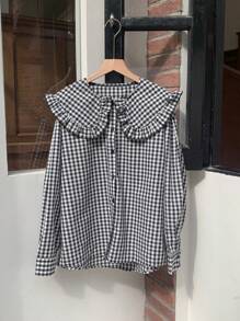 DAZY Women's Peter Pan Collar Ruffle Plaid Loose Shirt,Fall Clothes - Black and White - View 1