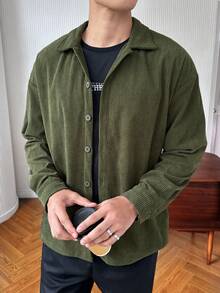 Claim Dot Men's Button-Down Long Sleeve Solid Color Casual Loose Daily Shirt - Green - View 3